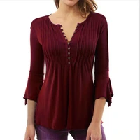 womens casual seven points sleeve loose t shirts solid color button pleated tunic tops v neck female pullover top summer clothes