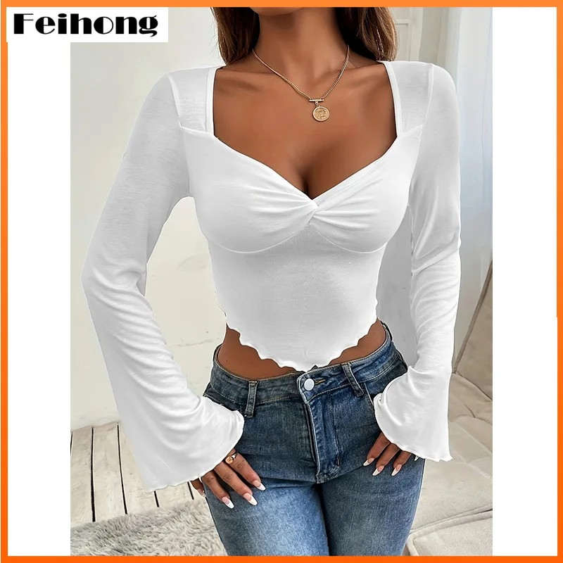 

2023 European and American Autumn V-Neck Open Collar Long Sleeve Women's Fashion Sexy Spicy Short Irregular Top Flare Sleeve