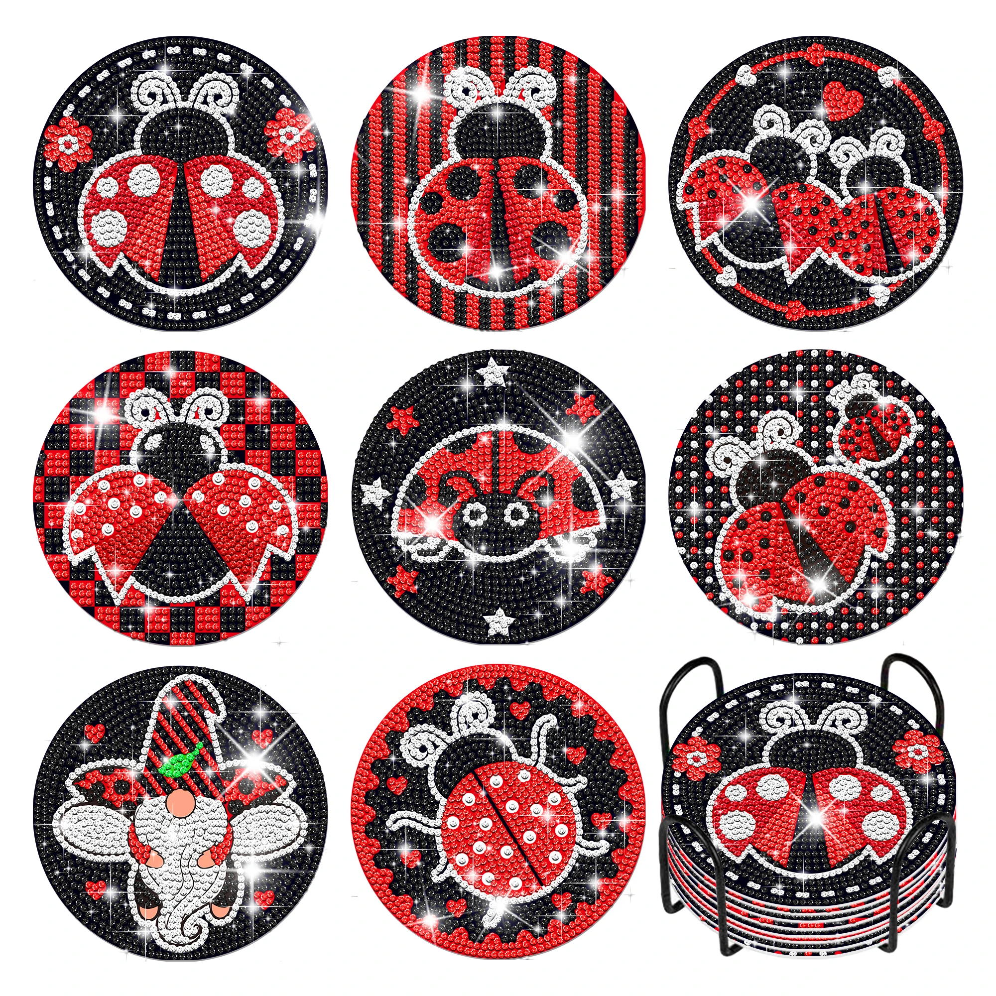 

8Pcs/Set DIY Cartoon Ladybug Theme Diamond Painting Mandala Round Coaster Cup Table Placemat Insulation Pad Kitchen Accessories