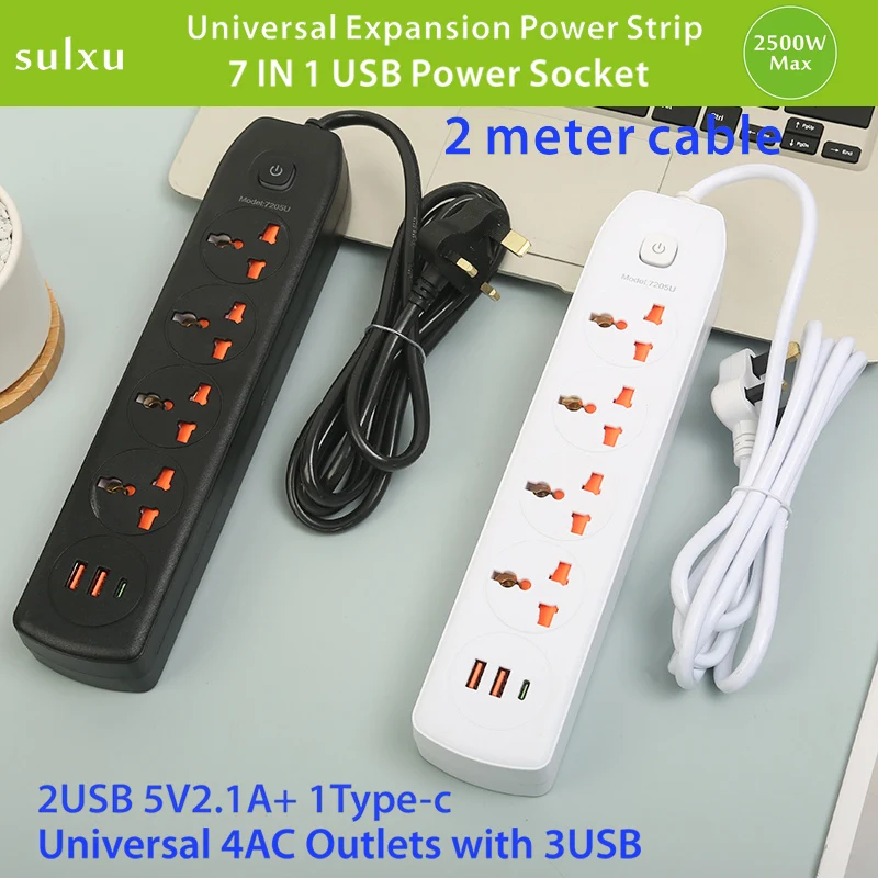 

New fashion Universal power socket UK, US, Europe plug 3AC Outlet with 3USB charging power board 2m cable expansion power strip