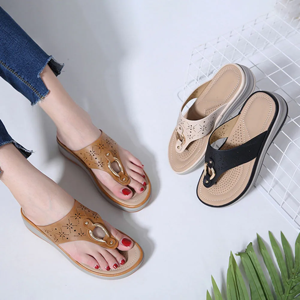 Women's Slope Heeled Flip-flops Non-slip Soft Sole Beach Shoes For Outdoor