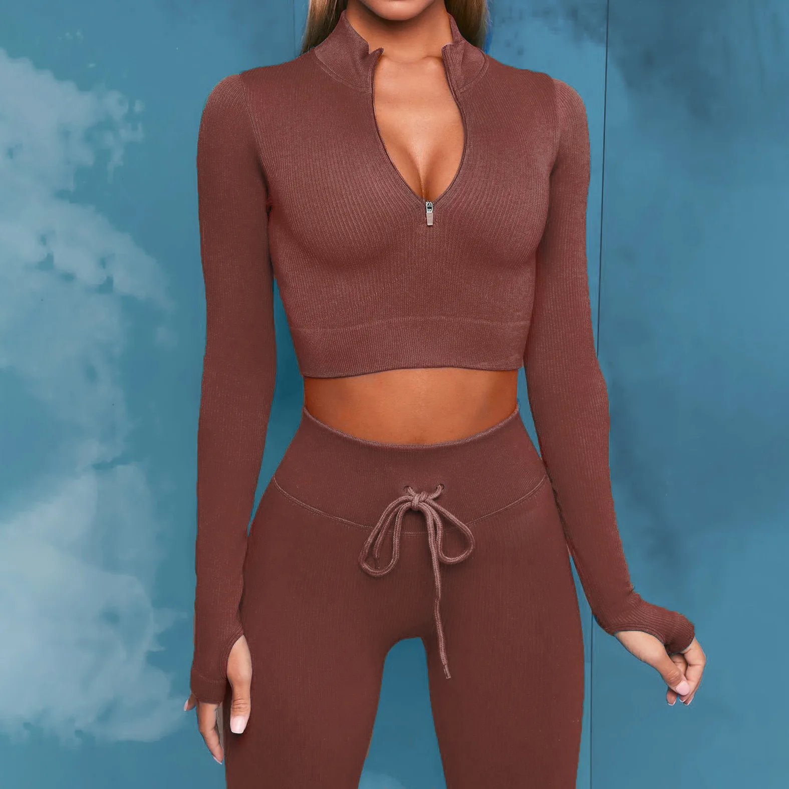 New Seamless Yoga Suit Set Thread Long Sleeve Chest Zipper Running Fitness Drawstring Pants