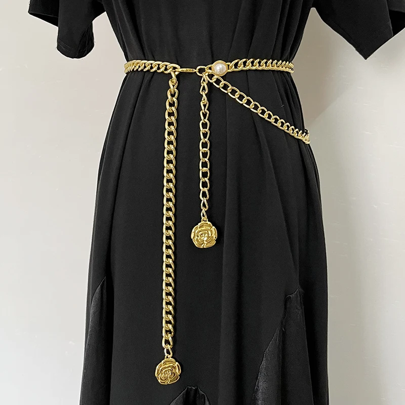 Luxury Metal Waist Chain Flower Pendant Pearl Accessories Belt Female Decorative Skirt Belt Retro Braided Leather CC Chain