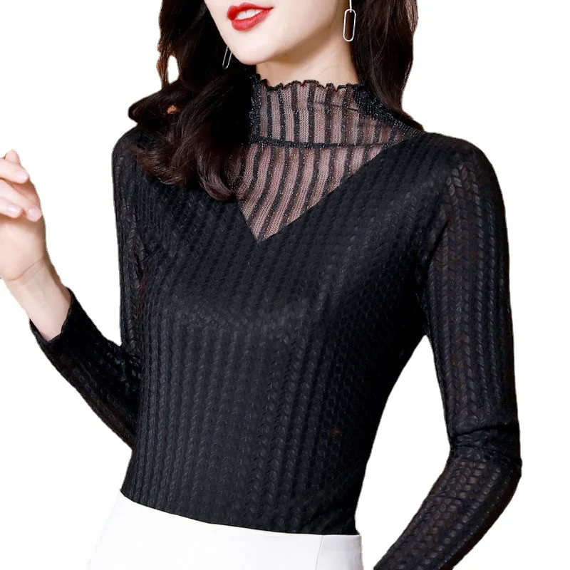 

Bottoming Shirt 2022 New Lace Top women's mesh inners Spring- Autumn All-match pullover Turtleneck slim cotton fresh sweet soft