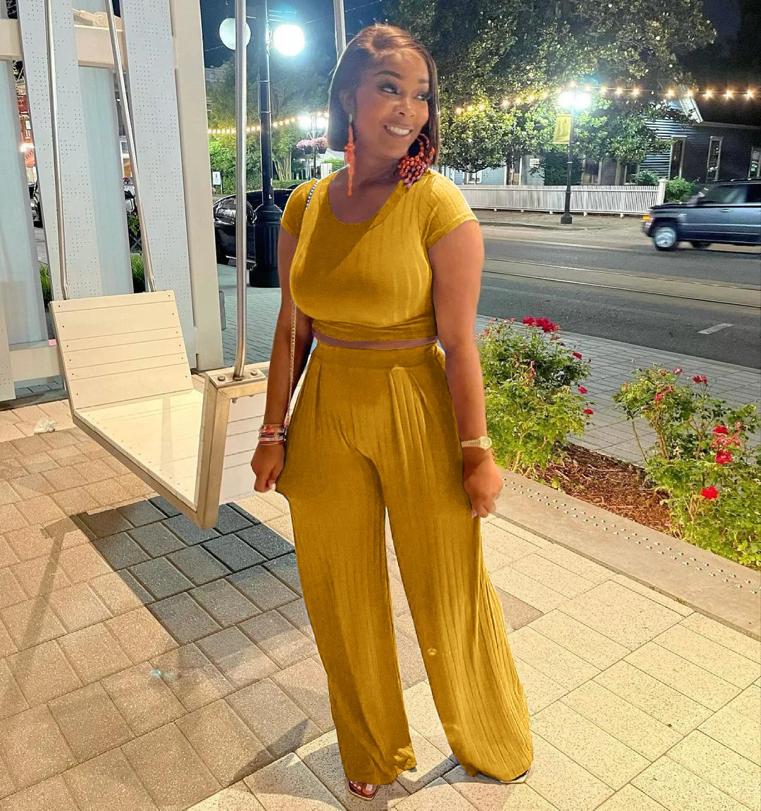 

Модный однотонный пуловер с круглым вырезом и коротким рукавом + брюки с широкими штанинами, летний повседневный комплект из двух предметов для женщин, подходящие комплекты