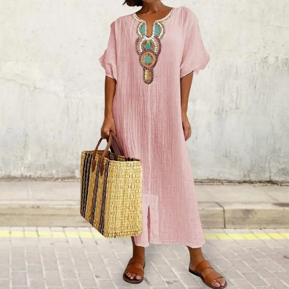 

Женское платье макси с вышивкой, V-образным вырезом и коротким рукавом, женское платье в богемном стиле, Пляжное Платье до щиколотки с разрез...