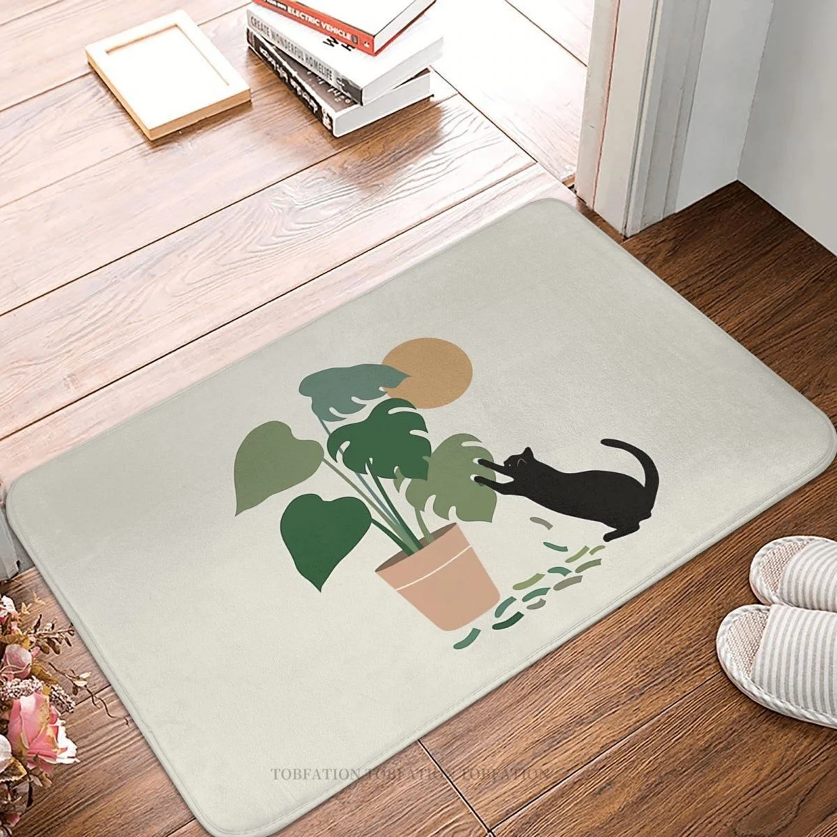 

Kitchen Non-Slip Carpet Cat And Plant The Making Of Monstera Bedroom Mat Entrance Door Doormat Home Decoration Rug