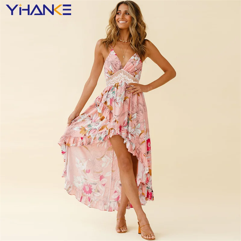 

Summer Boho Beach Sundresses Deep V Neck Sexy Ladies Dress Hollow Floral Print Halter Lace Sling Irregular Large Swing Dresses