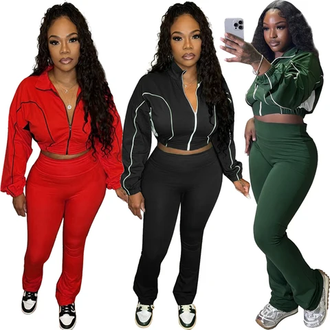 2025 Модная женская одежда контрастного цвета, спортивный костюм, укороченная куртка на молнии и брюки-клеш с высокой талией, спортивный костюм для спортзала, комплект из 2 предметов