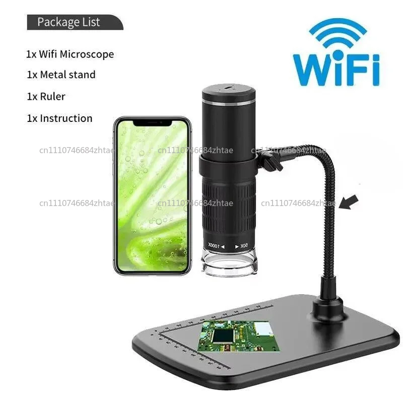 Фото Цифровой Wi-Fi микроскоп с увеличением 50X-1000X, портативный ручной USB-микроскоп с гибкой подставкой для телефона №1