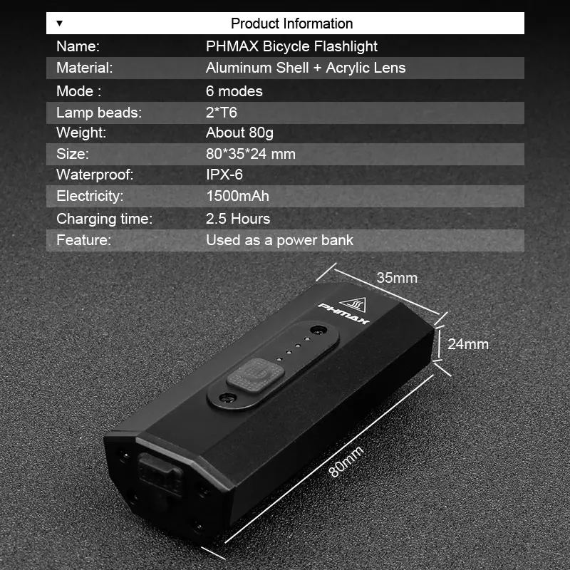 Фонарь велосипедный передний светодиодный 1500 мА · ч 500 лм зарядка через USB | Спорт