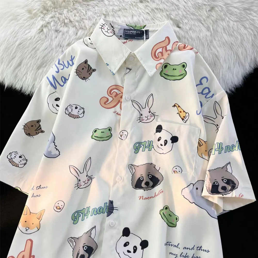 Japanese Cute Polo Shirt Loose Button Up Shirt Women Blouse Tops Mujer Short Sleeve Cartoon Animal Head Full Print Korean Summer images - 6