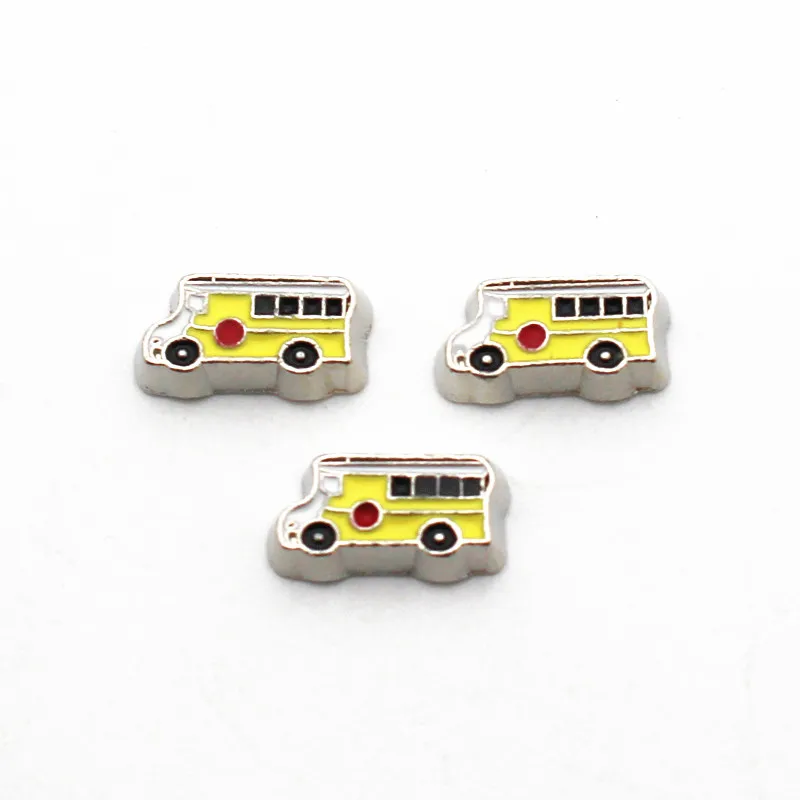 Hot Sale 10pcs/Lot Enamel School Bus Floating Charms Fit Living Glass Memory Locket Pendant Necklace Jewelry Accessories