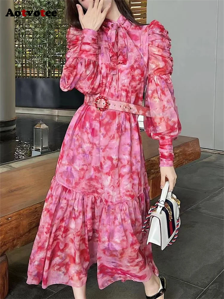 

CHUU Korea Aotvotee Print Midi Dress for Women 2023 Fashion Fairycore Stand Collar Lantern Sleeve Dresses Chic Belt Shirring Vin