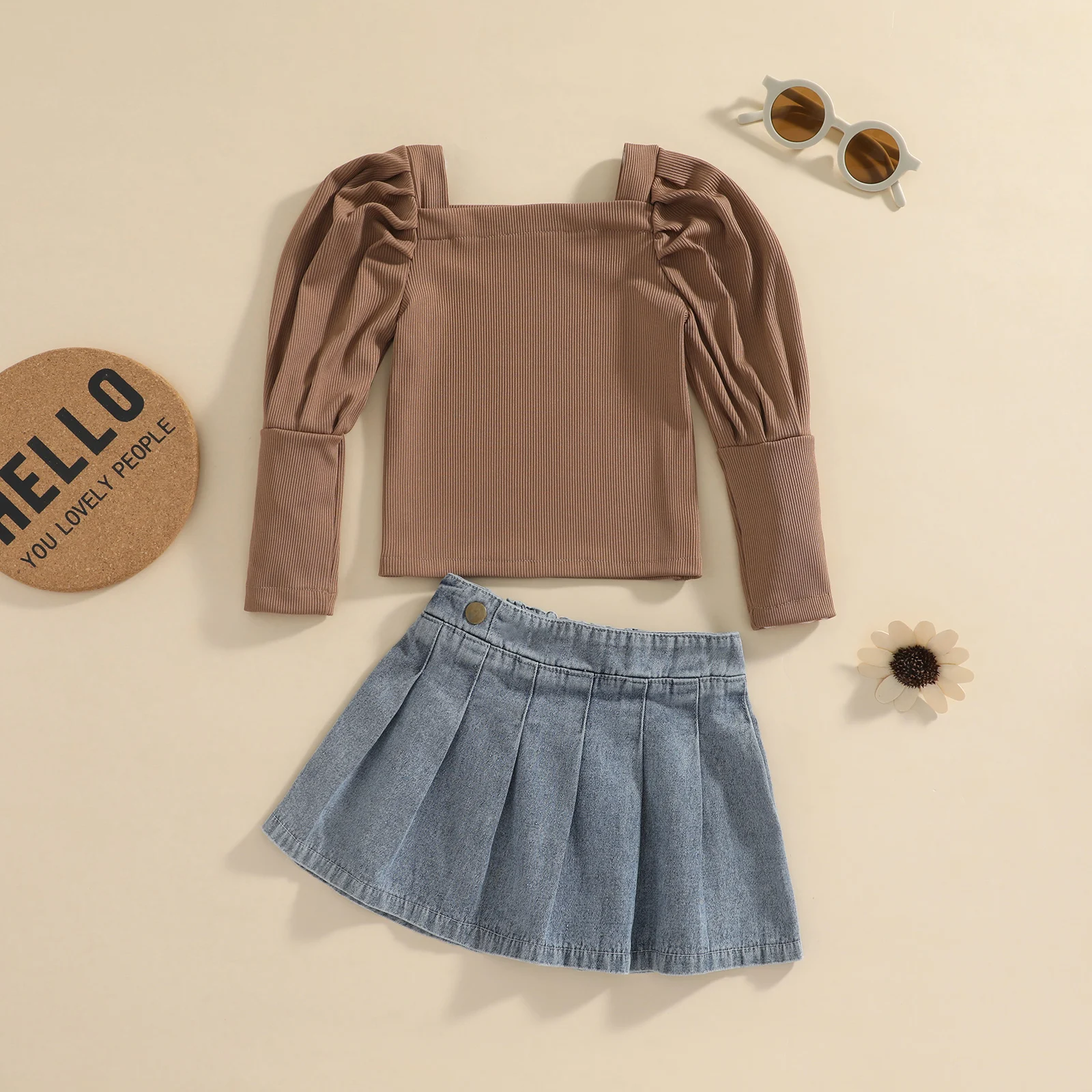 

Cute Toddler Girls Outfits Suit Classic School Autumn Baby Girls Puff Long Sleeve T-Shirt+Denim Pleated Skirt Clothes Set 12M-5T