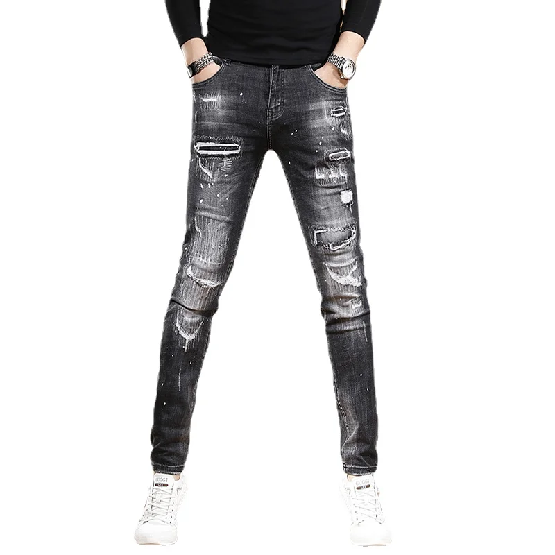 Autumn Black Ripped Jeans Men Fashion Dots Printed Slim Fit Pencil Pants Streetwear Casual Scratched Denim Trousers