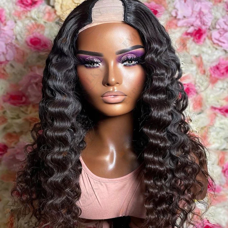 

250 Density Deep Wave 1X4 U Part Natural Brazilian Human Hair Long Wavy Wigs Virgin Middle Open V Part Wigs For Black Women
