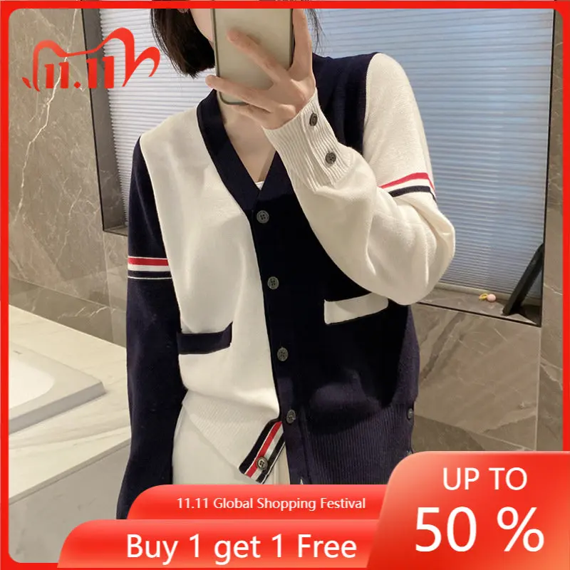 

High Quality Korean Style TB Wool Knitted Cardigan Women's Autumn/Winter V-Neck Colored Parallel Bars Cardigan Coat Women