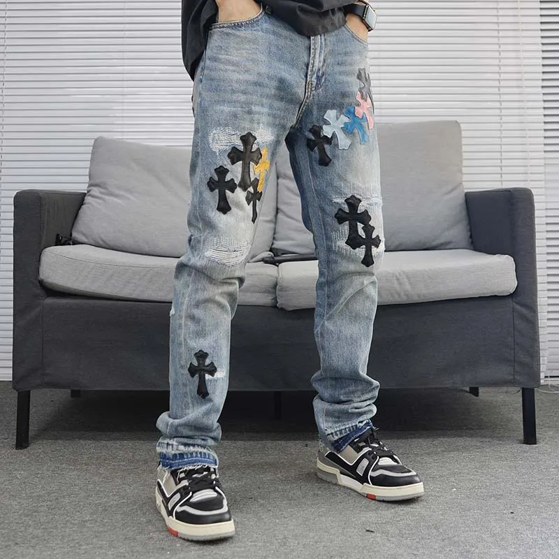 

Urban Streetwear Cross-stitched PU Leather Patchwork Micro Flared Jeans for Men Women Hip Hop Washed Ripped Denim Jeans Torn