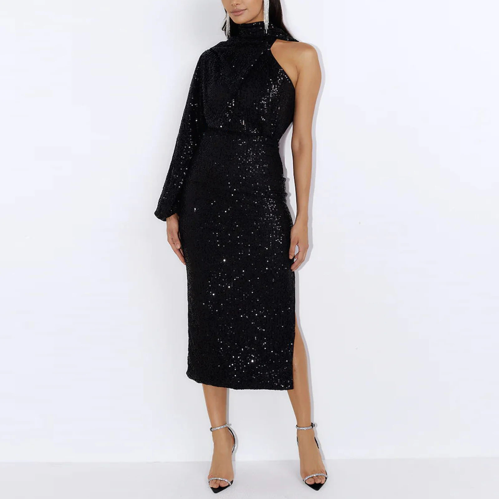 

Женское облегающее платье на одно плечо с блестками, соблазнительное длинное платье с лямкой на шее, однотонное облегающее Элегантное Вечернее Платье С Боковым Разрезом Y2k, 2023