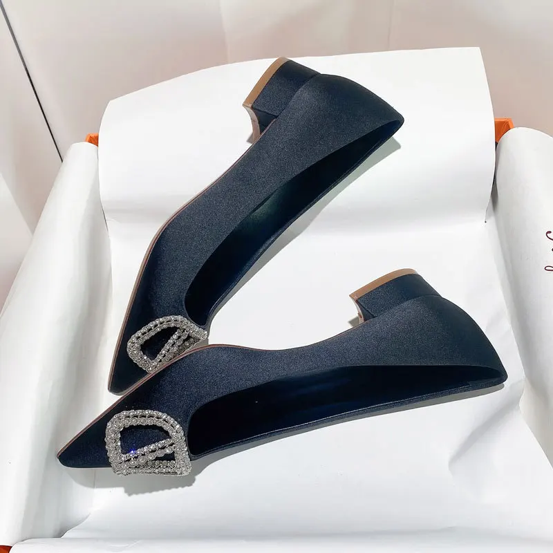 Elegant Woman Shoes With Low Heel 2023 Brand High Heels Metal Button Heels For Women Comfortable Pumps Pointed Toe Ladies Shoes