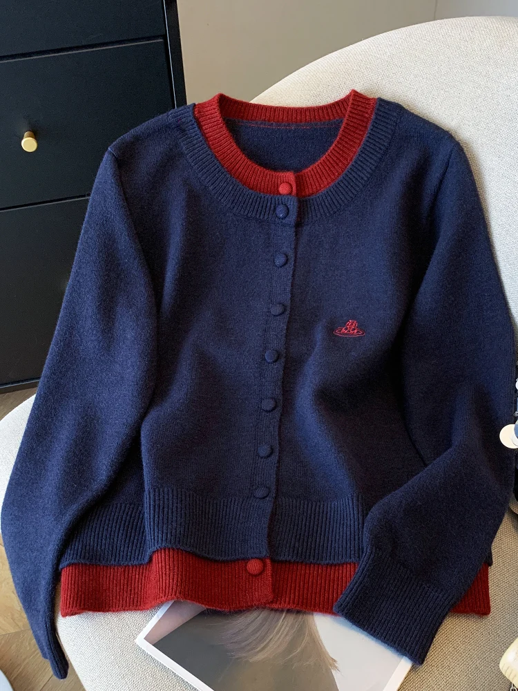 round Neck Contrast Color Knit cardigan Sweater Fake Two Pieces Autumn and Winter Outerwear Knit Loose Idle Sle Inner wear ...