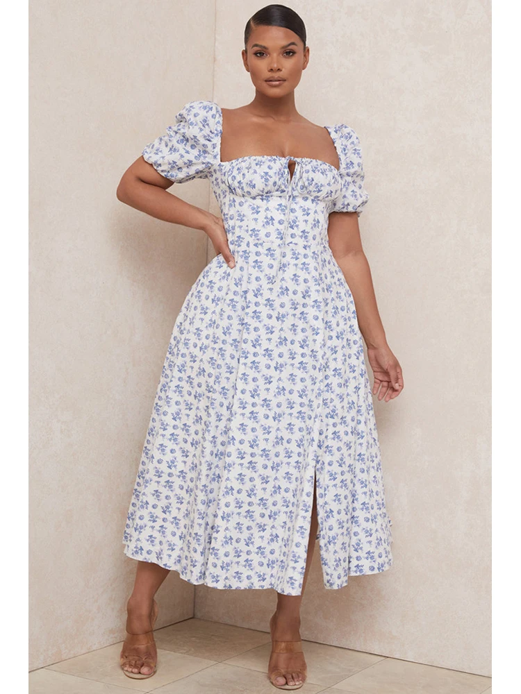 

Summer Puff sleeve Floral Maxi Sundress Elegant Square Collar Side Slit Short Sleeves Dresses Ruched Drawstring Party Beach Dres