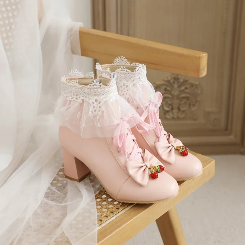 

Lolita Shoes Women High Heels Flower White Lace Bow Cute Girls Princess Tea Party Shoe Students Lovely Boots Size 32-43 Footwear
