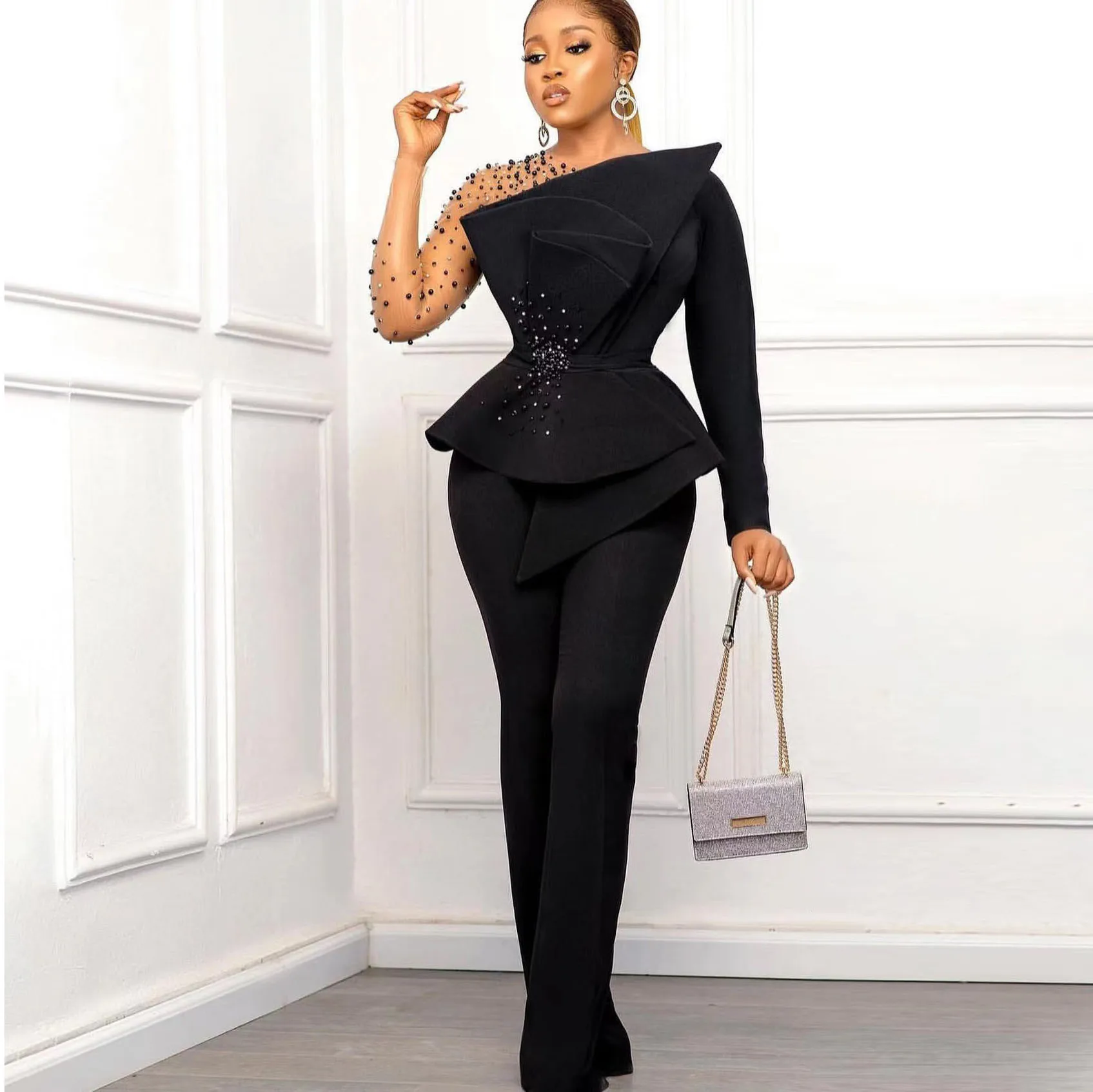 

Black Jumpsuit Prom Dresses Beading O-Neck Long Sleeve Pants Pleat Ankle Length For Women Evening Party Dress Robes De Soirée
