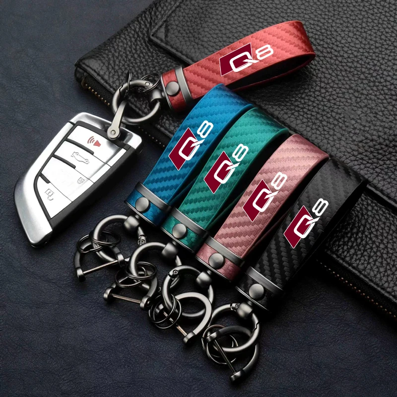 

Carbon Fiber Leather Car KeyChain 360 Degree Rotating Horseshoe Key Rings For Q8 Car Accessories