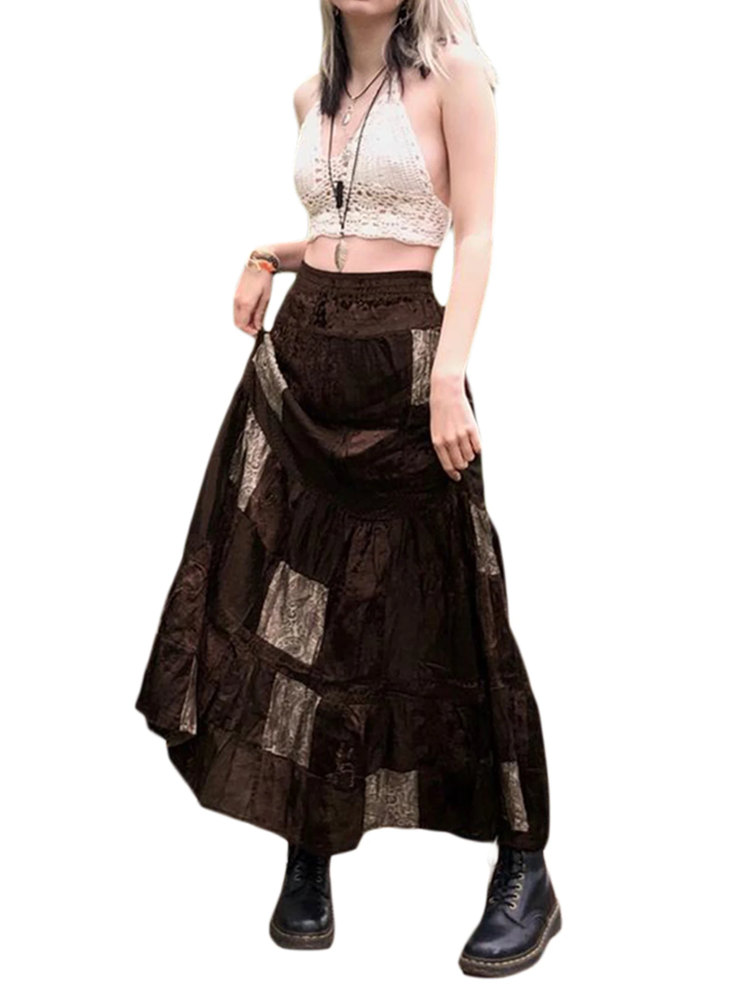 

Women Y2K Patchwork Patched Half Skirts Elastic High Waist A Line Layer Ruffle Swing E-Girls Streetwear