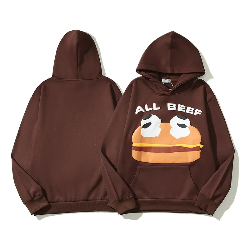 

Cartoon Smiling Face Burger Printed Hooded Sweatshirts High Street Trendy Unisex Brown Hoodies Men's Loose Fleece Cotton Coats
