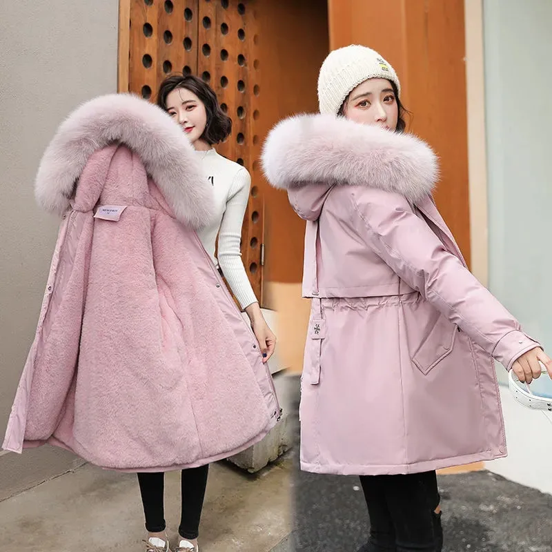 

M-3XL Long Parka with Fur Fleeced Jacket Coat 2023 Winter Fur Hooded Padded Parkas Slim with Fur Collar Warm Snow WearClothes