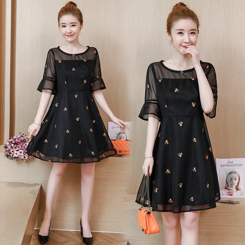 

Chiffon Women's Mid Length Dress Casual Fashion Loose In Summer Lace Stitching O-neck Short Sleeve Female Clothing