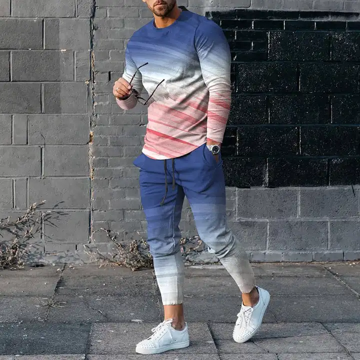 Men's Long Sleeve T-shirts and Pants Two Piece Blue Red Geometry  3D Printed Men's Sets Casual Suit nike tech fleece