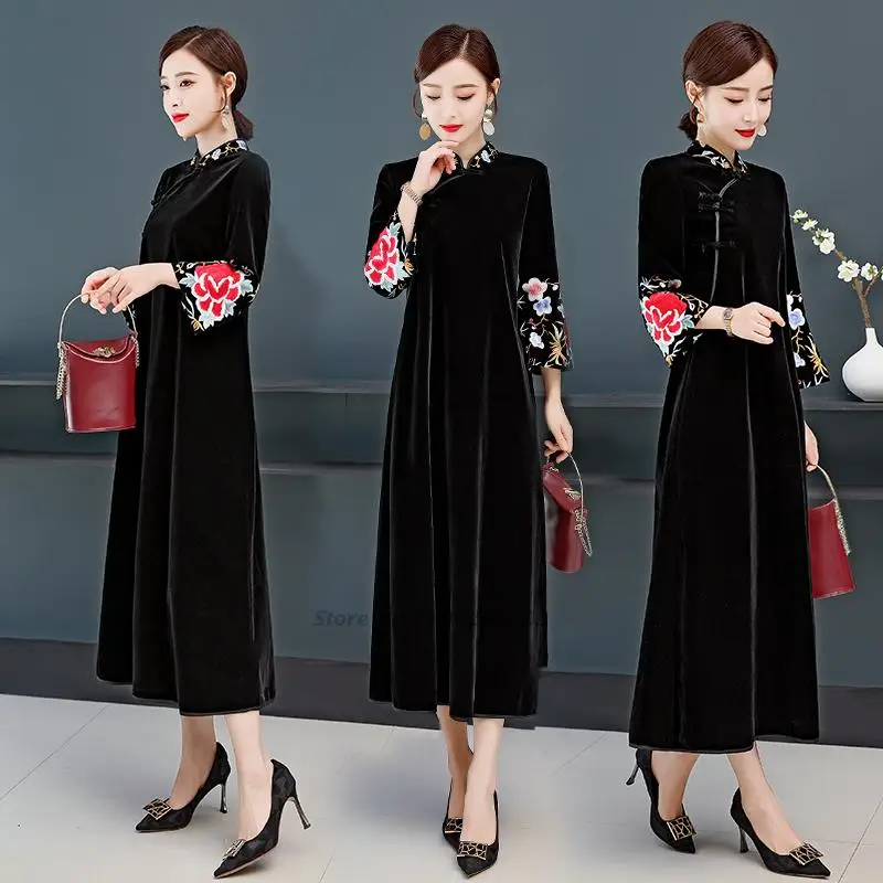 

2023 chinese traditional velvet cheongsam women improved qipao national flower embroidery vintage oriental chongsam dress qipao