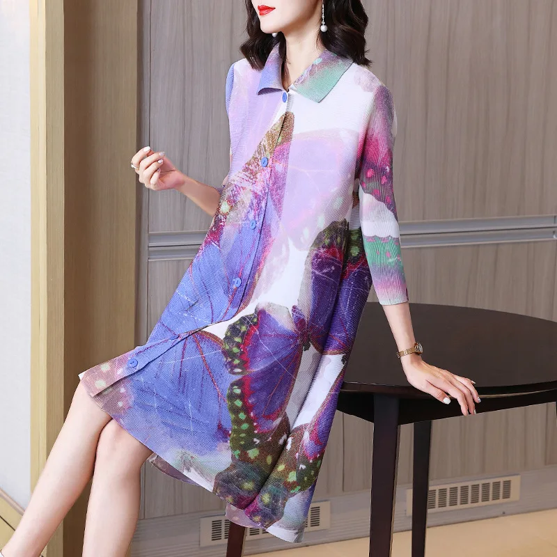 

High-End Miyake Pleated Dress for Women Summer Elegant Large Size Fat Short Sleeve Printed Shirt Dress for Middle-Aged Mothers