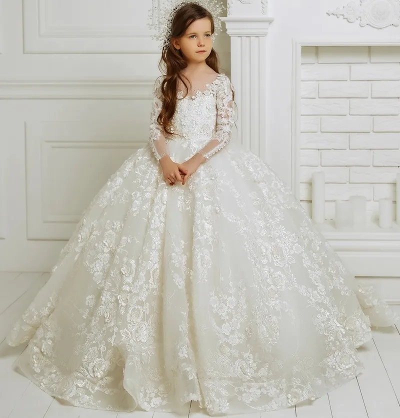 

Luxurious Long Sleeve Flower Girl Dresses For Wedding Prom Party Girls Pageant Gowns Lace Floral Appliques