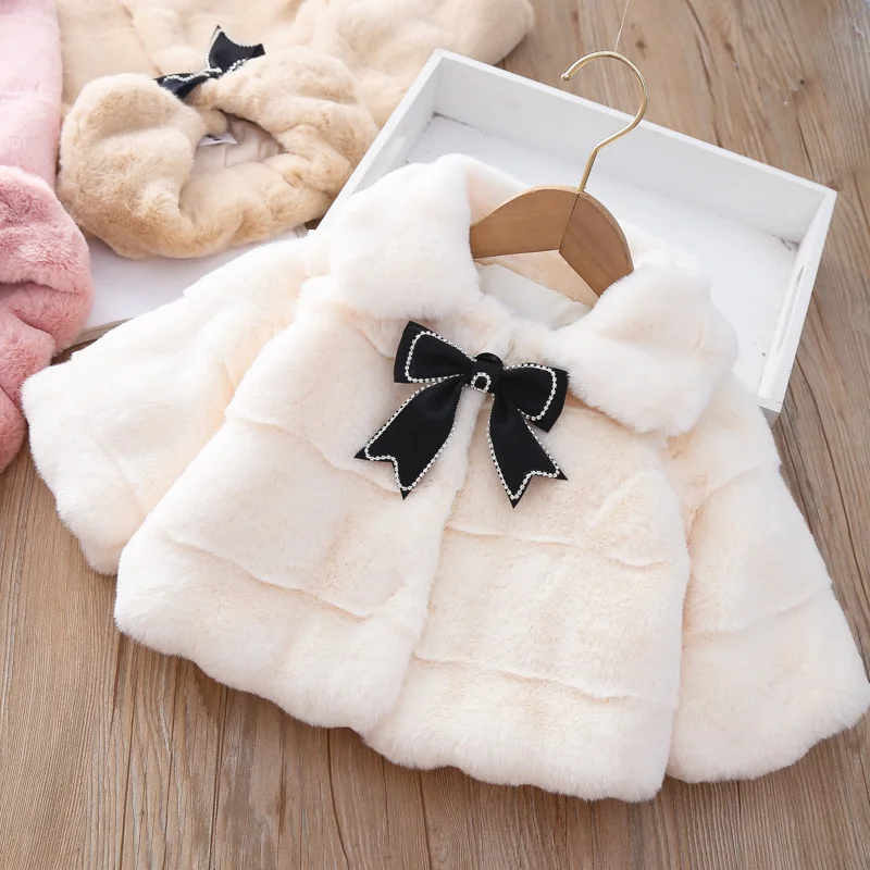 Baby Girl Bow Imitation Fur Cloak Cape Coat Clothes Fall Winter Girls Baby Thick Toddler Clothing 1st Birthday Outerwear Coats