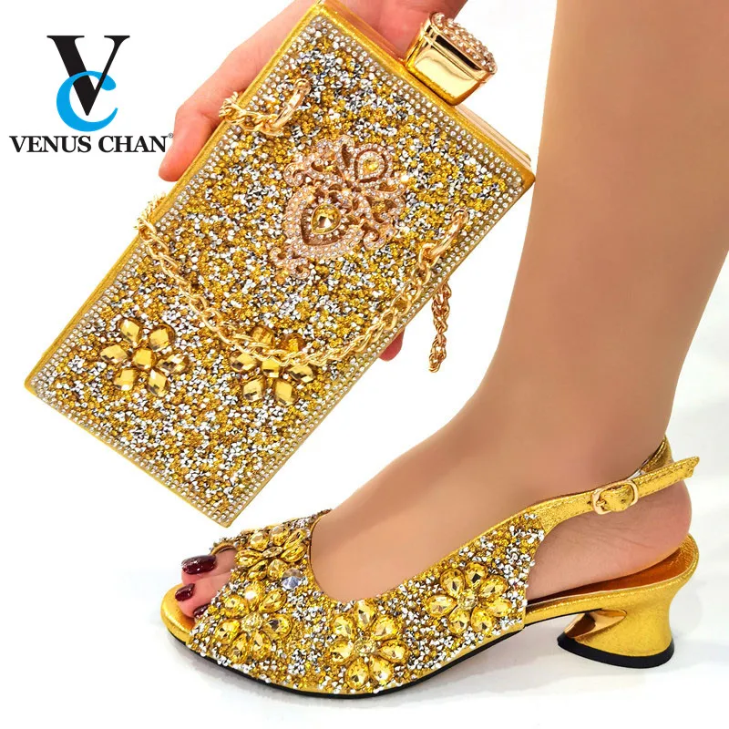 

Shiny faux rhinestones decorate shoes and Bag African Women's Party Shoes and Bag Sets Golden Color Women Sandals And Handbag