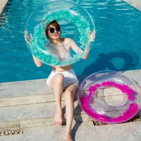 summer beach swim circle inflatable swimming ring transparency heart shaped feather sequins rings pool party adult swimming ring