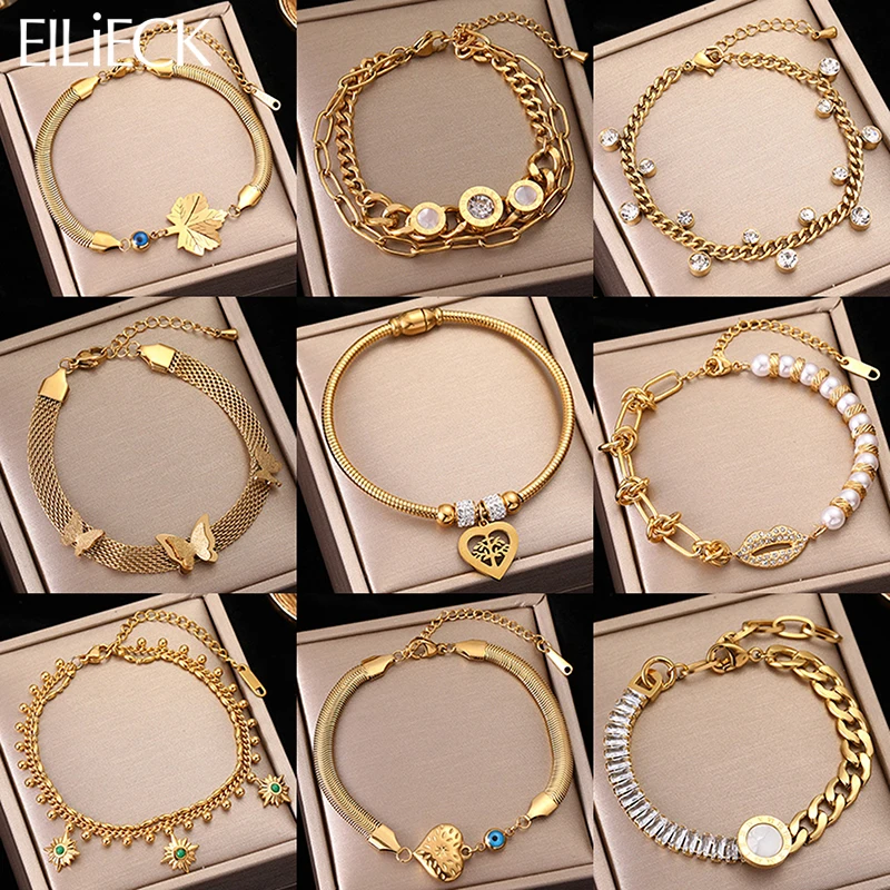 

EILIECK 316L Stainless Steel Gold Color Metal Adjustable Bracelet for Women Fashion Girls Pearl Zircon Wrist Jewelry Party Gifts
