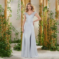 elegant chiffon applique mother of the bridal dresses deep v neck sleeveless maxi dress long perfect draped party prom gown 2022