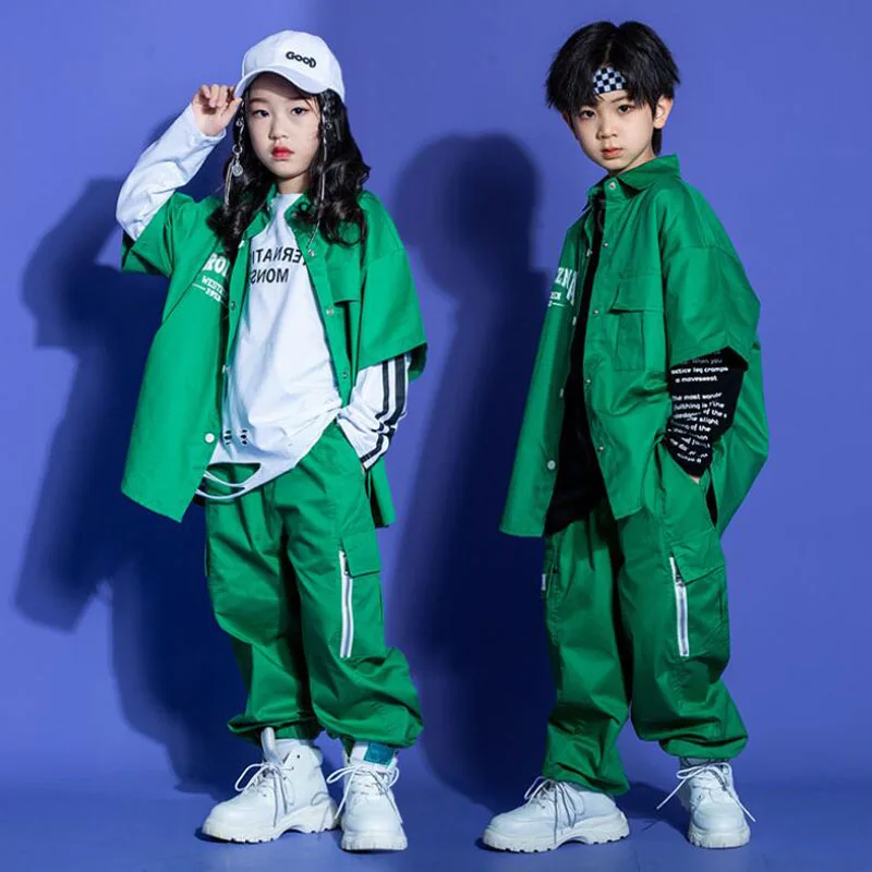 

Kids Teen Kpop Streetwear Hip Hop Clothing Green Shirt Tops Cargo Jogger Pants For Girl Boy Jazz Dance Costume Rave Clothes