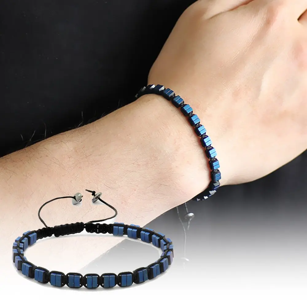 

Cube Design Macrame Braided Blue Hematite Natural Stone Bracelet