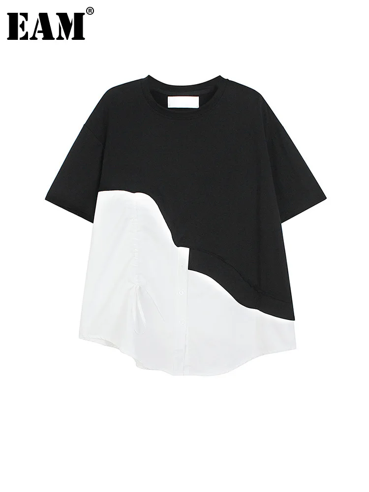 

[EAM] Women Black Irregular Color-block Pleated Big Size T-shirt New Round Neck Short Sleeve Fashion Spring Summer 2022 1DE9413