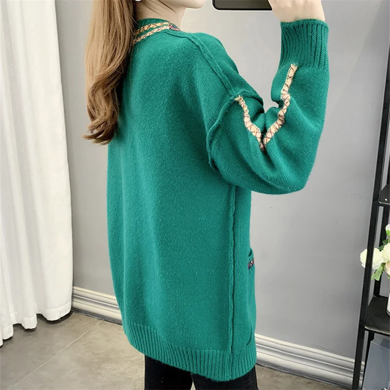 

Patchwork Knitting Sweater Women Cardigan 4 Color Jumper Ladies Loose Big Pocket V-Neck Long Sleeve Knitted Jacket Coat Female