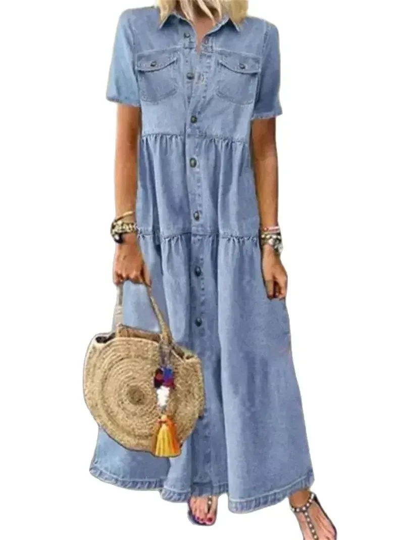 Летнее повседневное джинсовое стильное женское длинное платье с лацканами и