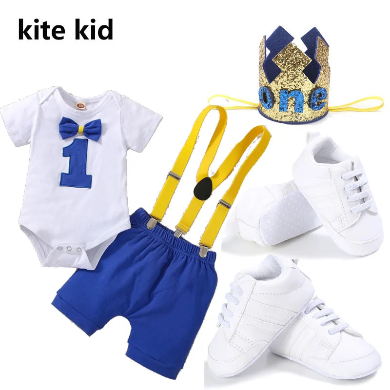 

4pcs Set Baby Cake Smash Outfit First Birthday Clothes Letter Printed Romper Suspender Shorts Photo Shoot