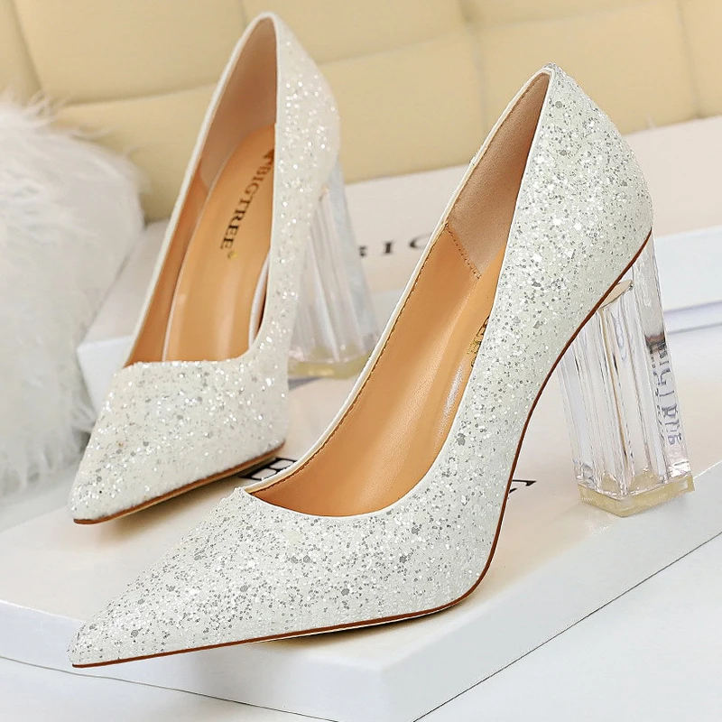 

Shoes Sequins Women Pumps Transparent Heels Women Shoes Fashion Sexy Wedding Shoes Crystal High Heels Plus Size 42 43